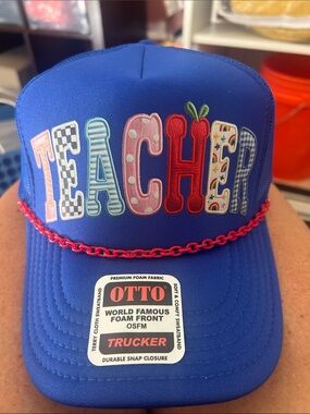 OTTO Royal Blue 'TEACHER' Embroidered Trucker Hat with Red Chain